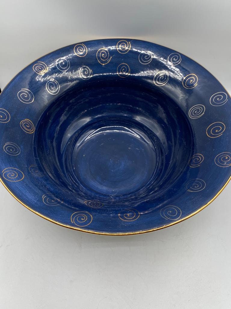 Vintage Laurie Gates Large Bowl 1996 Ceramic Art Blue Gold Spiral Striped Statement Decorative Piece Dining Table Centerpiece Unique Elegant