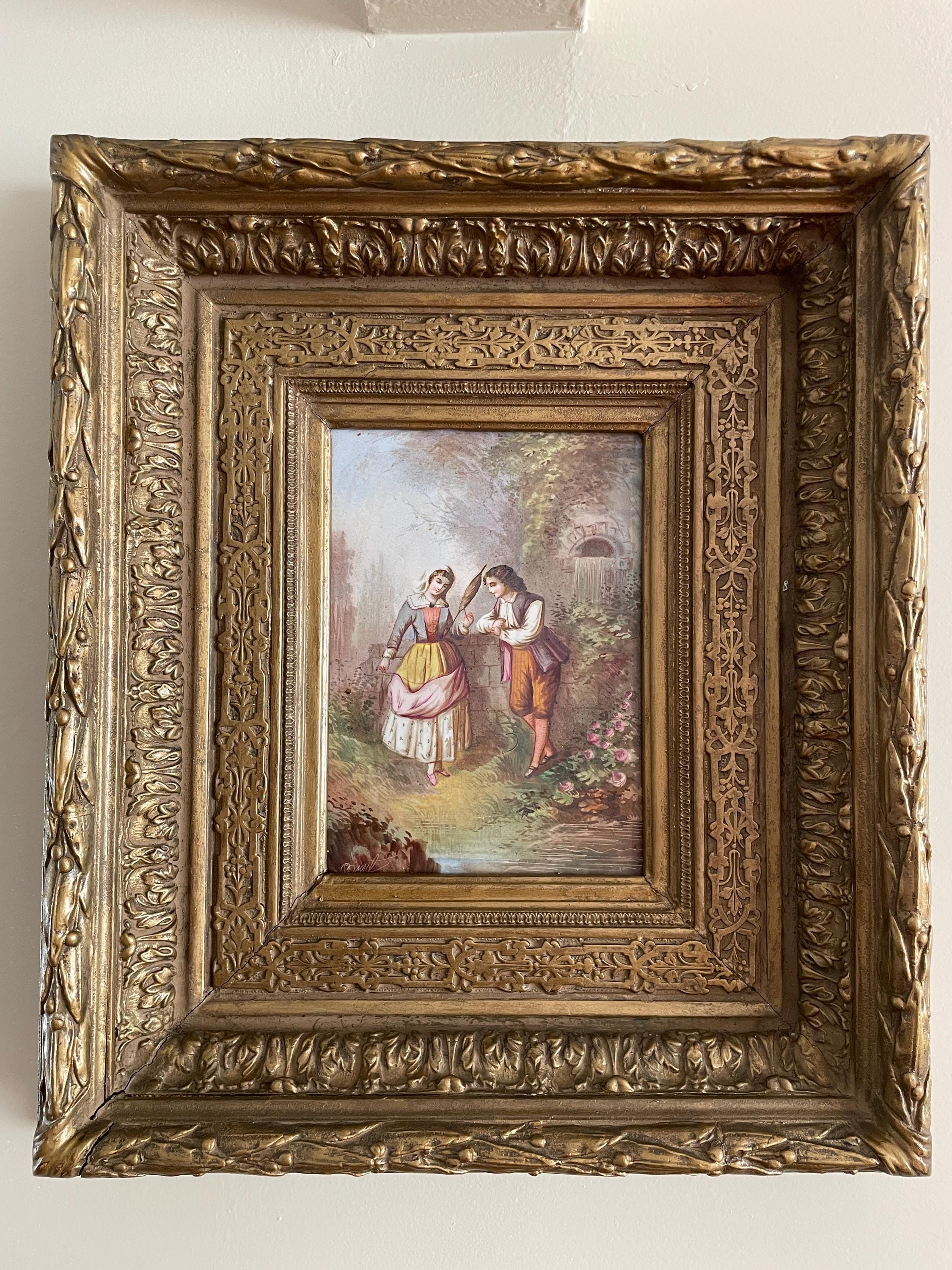 Antique Hand-Painted Romantic Scene Ornate Gold Gilt Frame 19th Century Wall Art Original Artwork Antique European Style Collectible Art