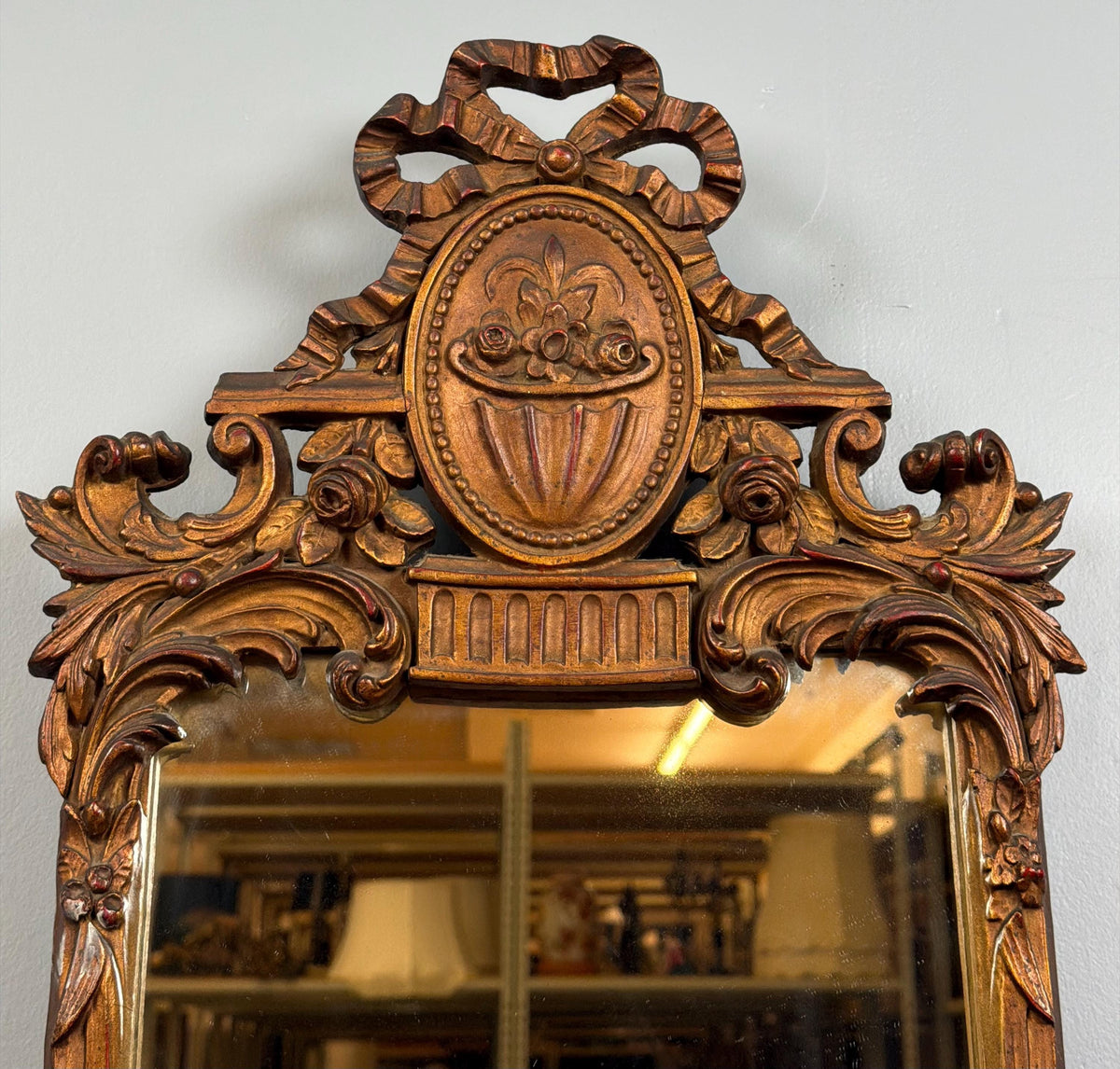Tall Narrow Vintage French Louis XVI Wall Mirror Ornate Brown and Gold Carved Frame Entryway Mirror