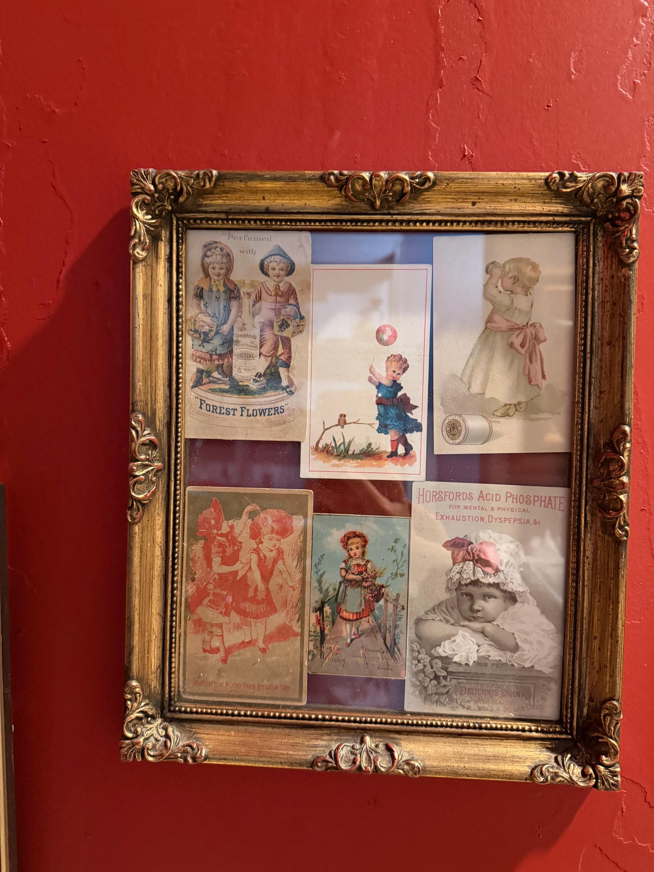 Antique Victorian Trade Card Display Gold Framed Advertising Ephemera Wall Art Child Lithographs