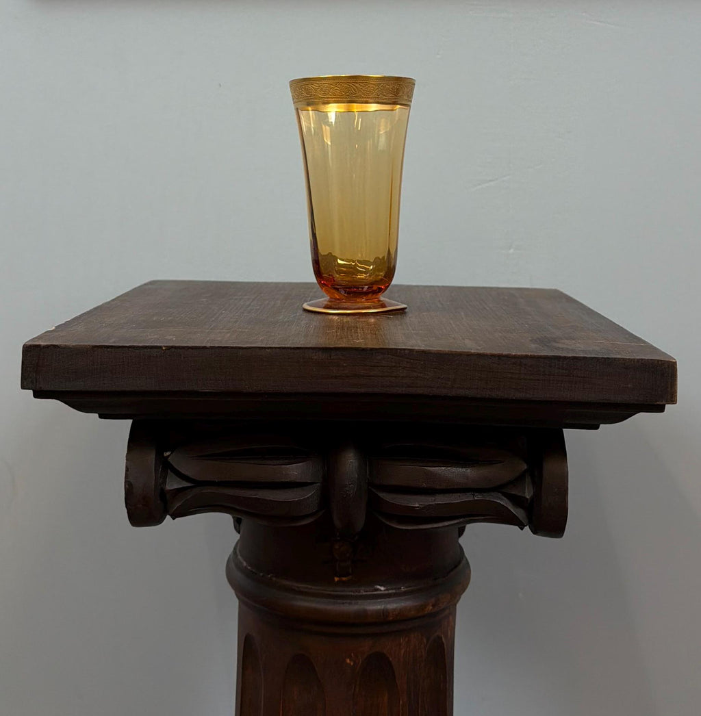 Vintage Amber Glass Tumblers Set of 7 Gold Rim Two Patterns Highball Glasses Mid Century Barware Honey Gold Drinkware