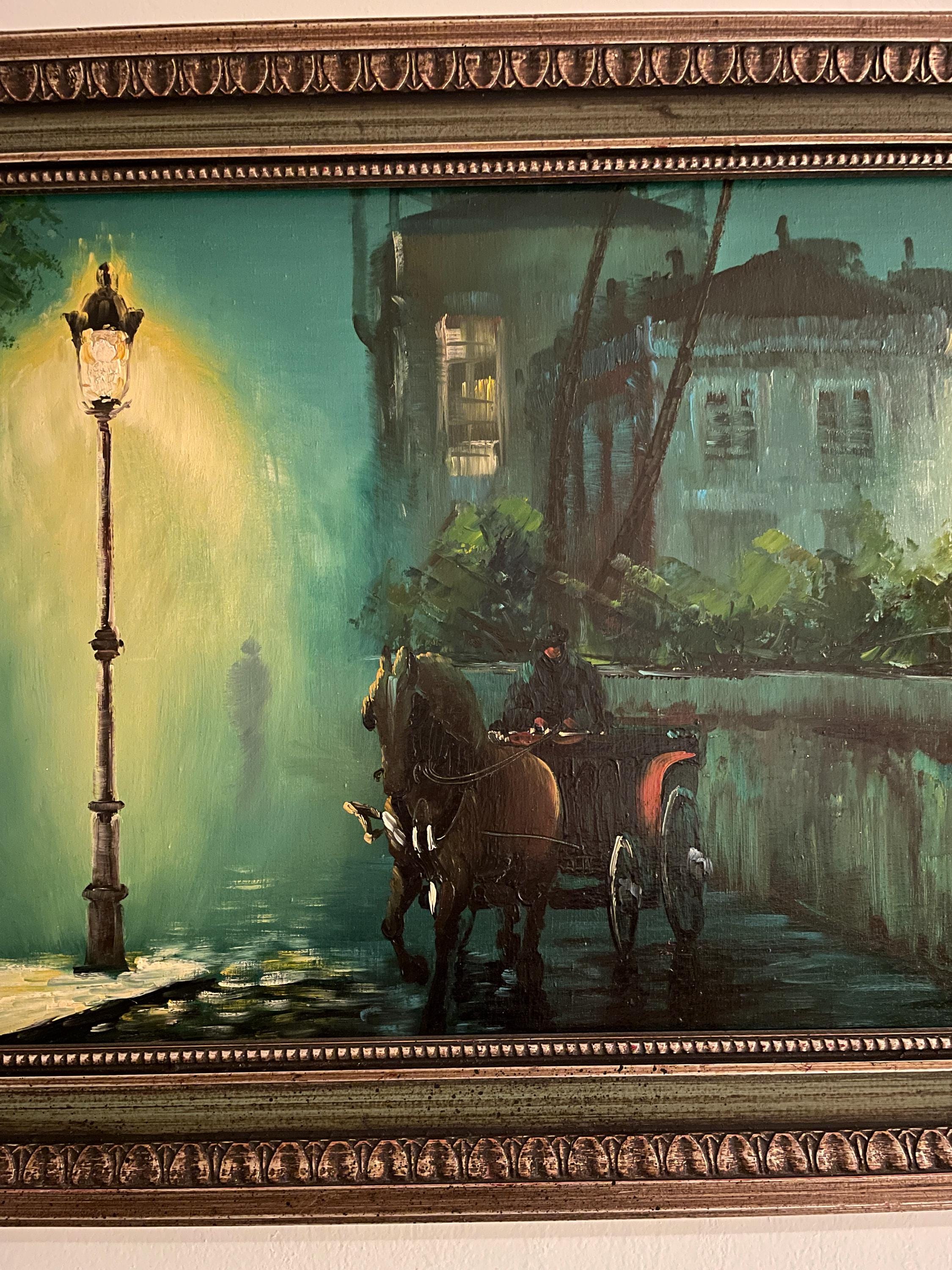 Vintage Wall Art Wood Oil Painting Horse Carriage Street Scene Night Cityscape Vintage Framed Artwork Victorian Era Style Signed Home Decor