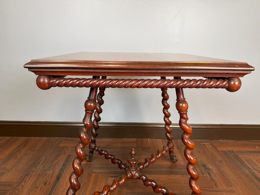Antique English Barley Twist Side Table, Claw Foot Caster Accent Spiral Leg Table