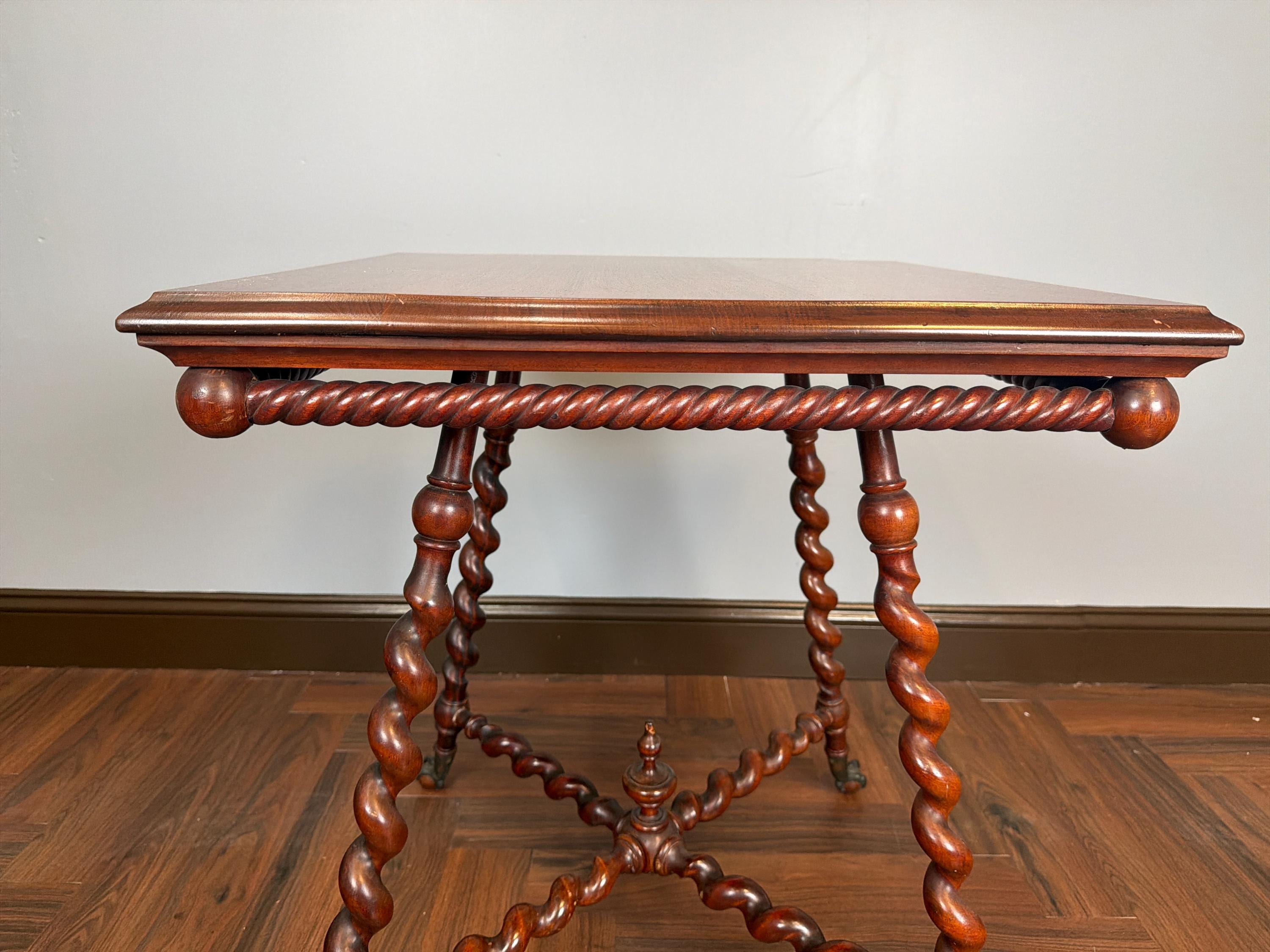 Antique English Barley Twist Side Table, Claw Foot Caster Accent Spiral Leg Table