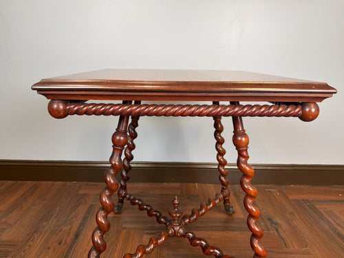 Antique English Barley Twist Side Table, Claw Foot Caster Accent Spiral Leg Table