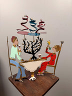 Vintage Hand-Painted Metal Judaica Folk Art Sculpture – Menorah Celebration Couple Table Scene