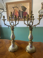 Antique French Candelabra Pair Porcelain Floral Gilt Bronze Five Arm Candle Holders Rococo Style Elegant Table Mantel Centerpiece Decor