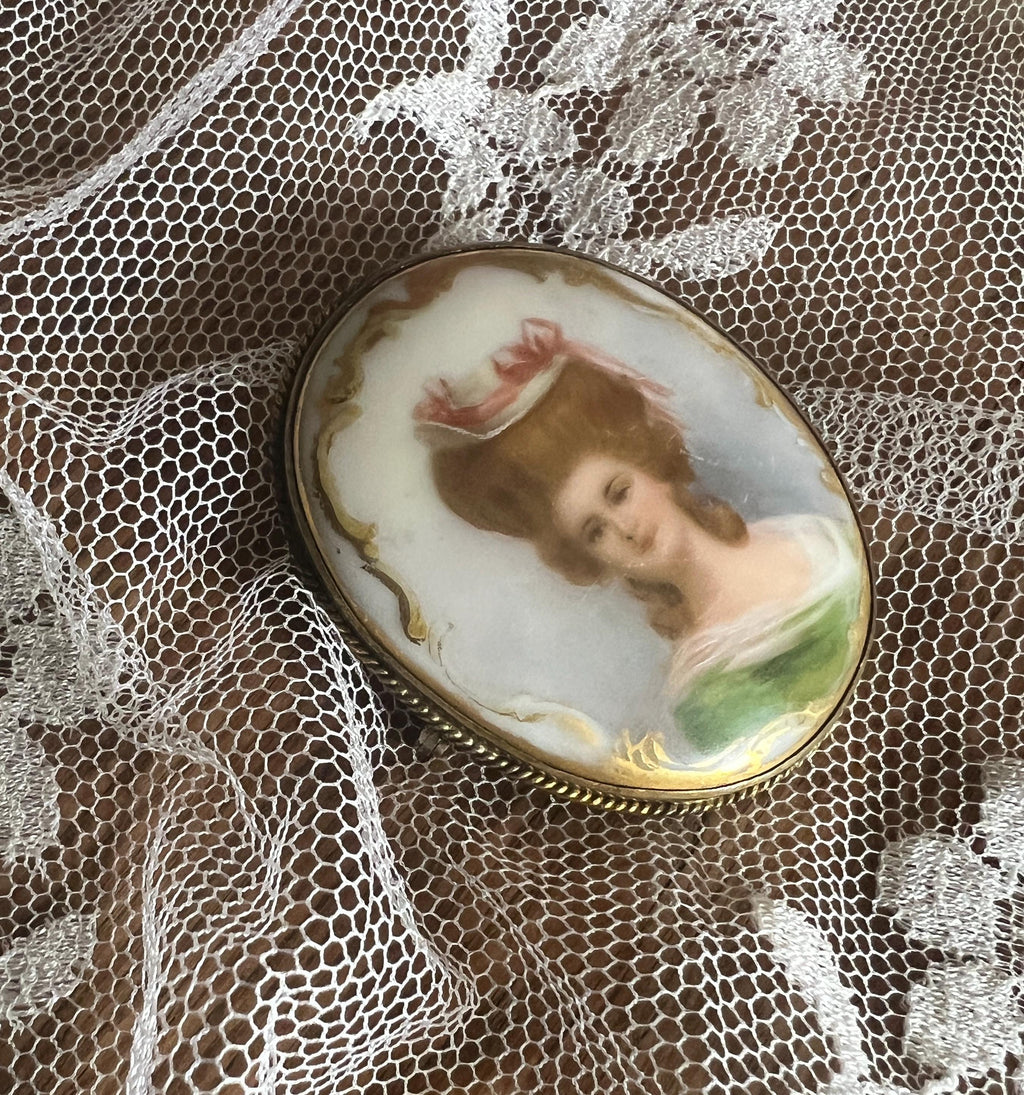 Antique Portrait Brooch Hand Painted Lady Green Dress Oval Porcelain Brass Frame Edwardian Jewelry Regal Vintage Collectible Cameo Style