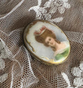 Antique Portrait Brooch Hand Painted Lady Green Dress Oval Porcelain Brass Frame Edwardian Jewelry Regal Vintage Collectible Cameo Style