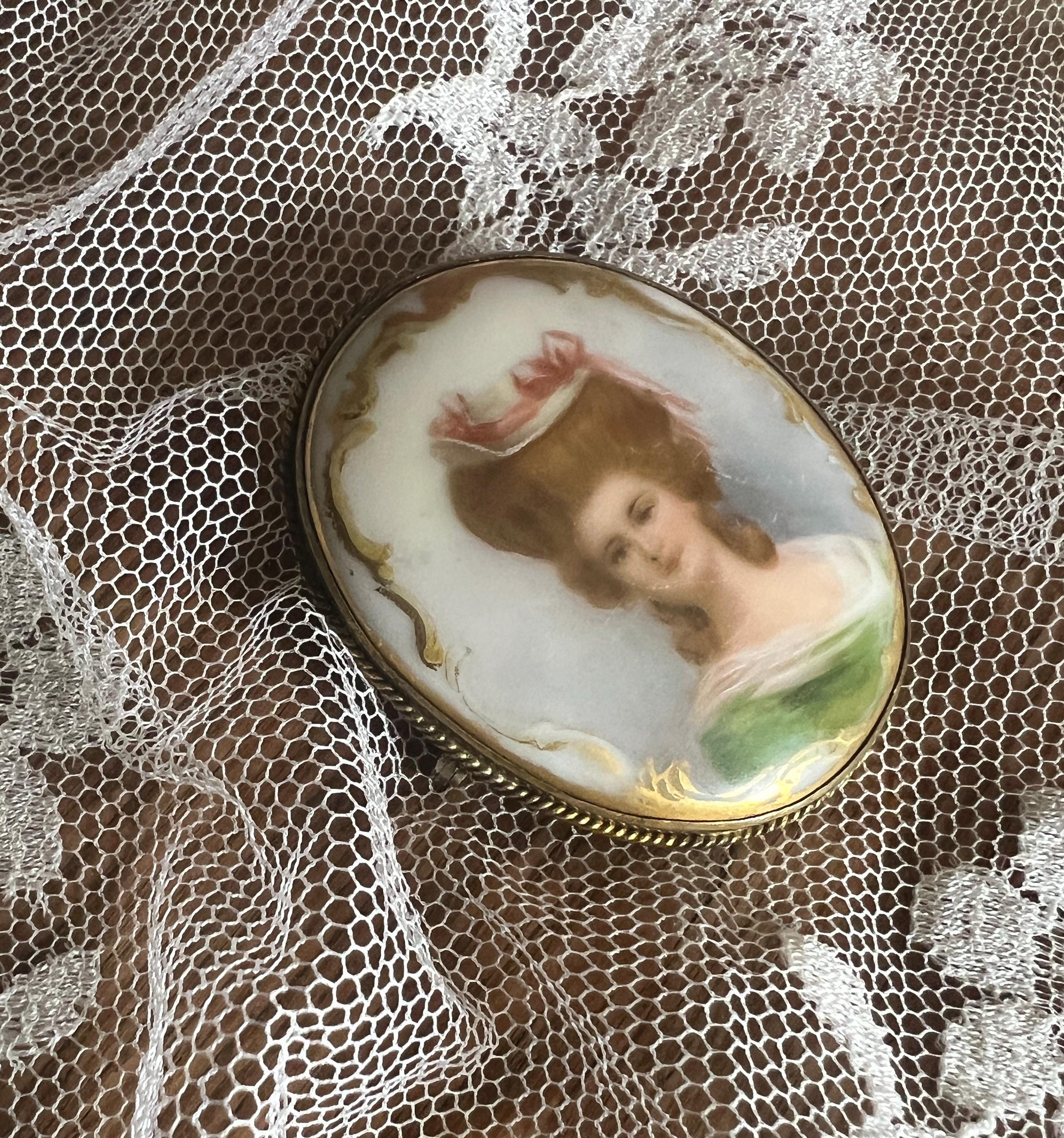 Antique Portrait Brooch Hand Painted Lady Green Dress Oval Porcelain Brass Frame Edwardian Jewelry Regal Vintage Collectible Cameo Style