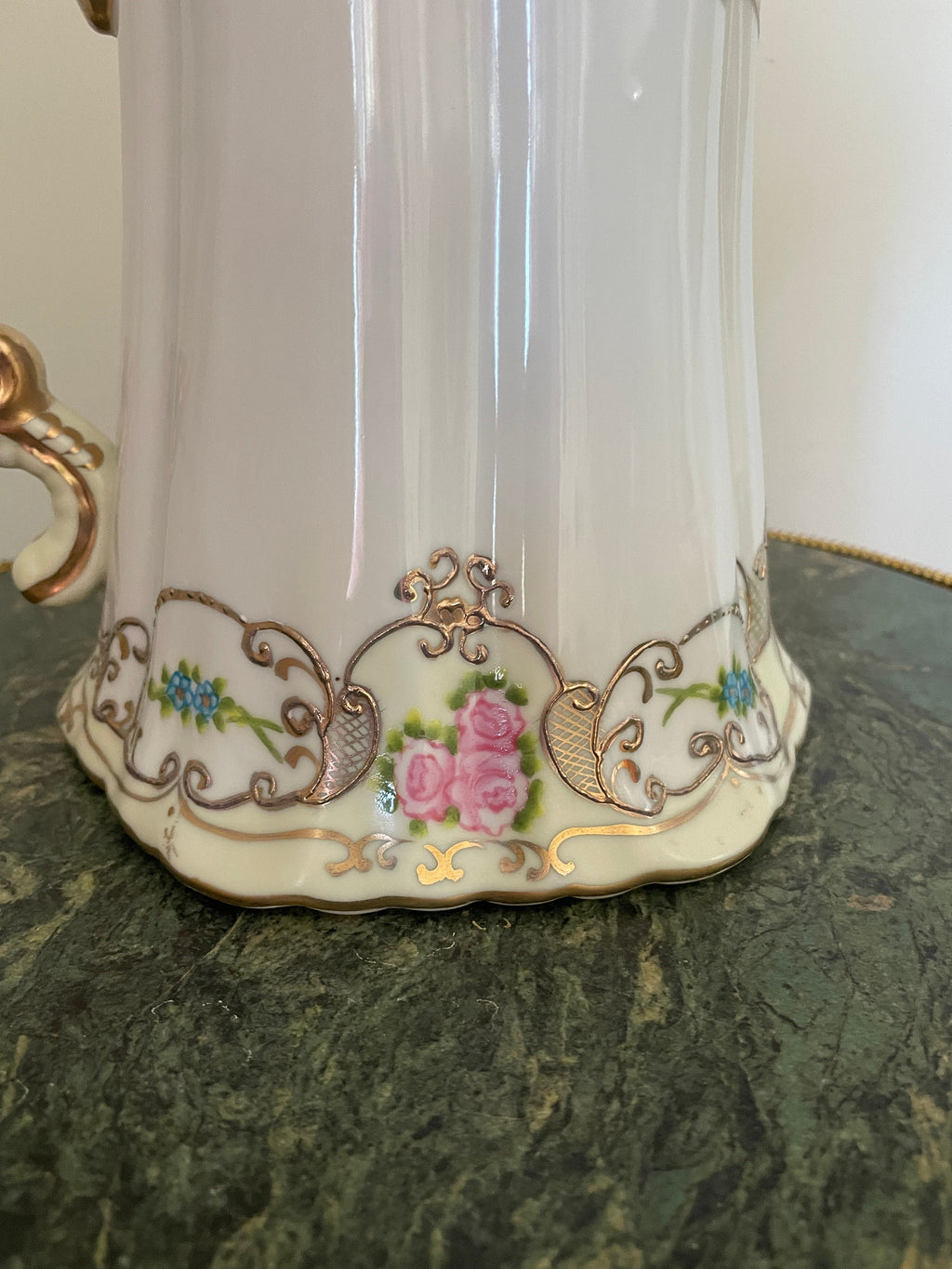 Antique Victorian Floral Hand Painted Porcelain  Pitcher Gold Gilt
