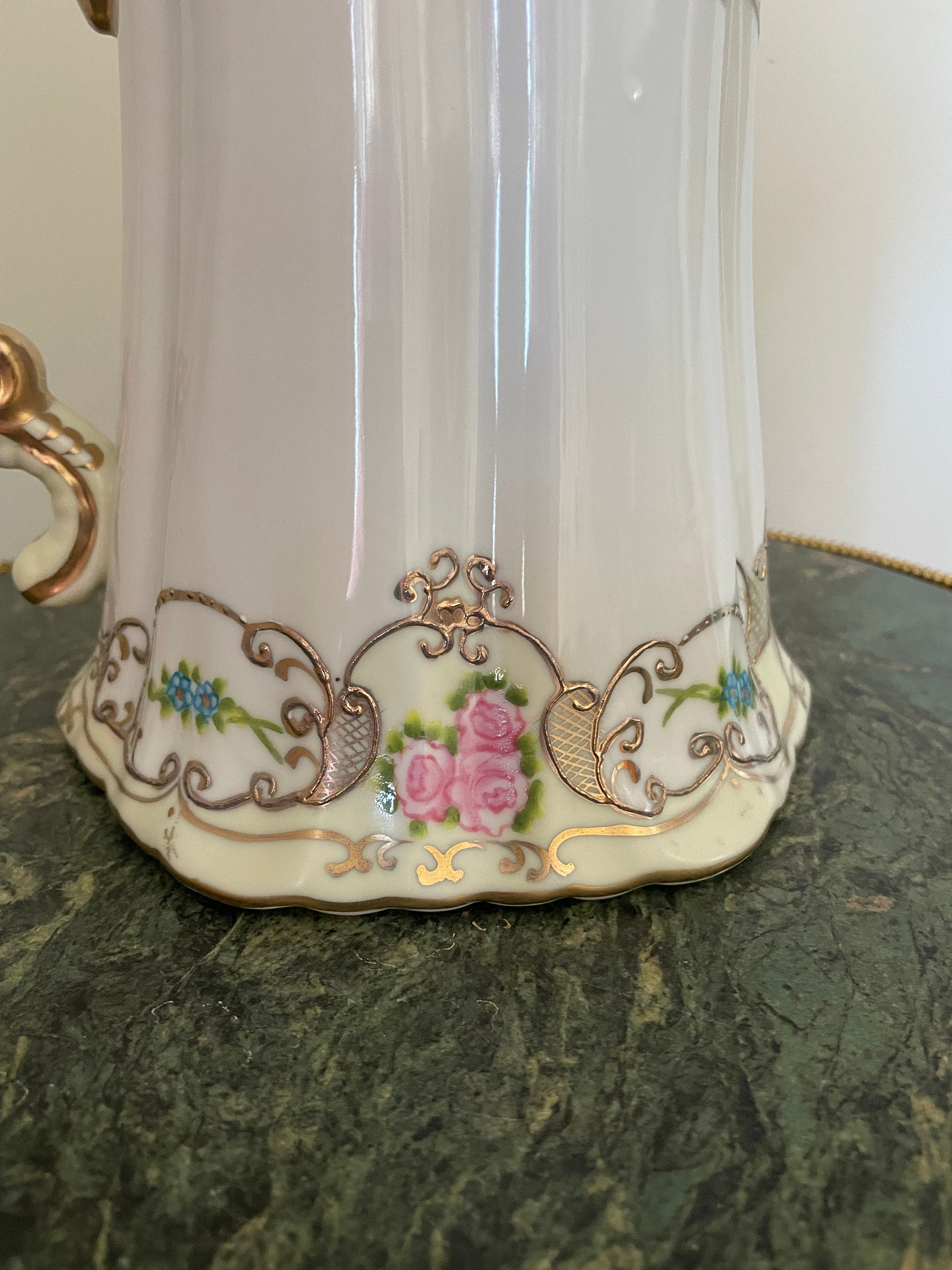 Antique Victorian Floral Hand Painted Porcelain  Pitcher Gold Gilt