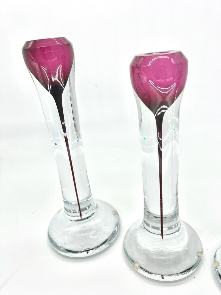 Vintage Scandinavian Glass Candle Holders Purple Drip Design Heavy Clear Base Mid Century Modern Elegant Statement Home Decor Collectible