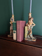 Rare Garnier French Bookend Pair Art Deco Ceramic Characters Candle Holder Unique Colorful Home Decoration Shelf Accent Conversation Piece