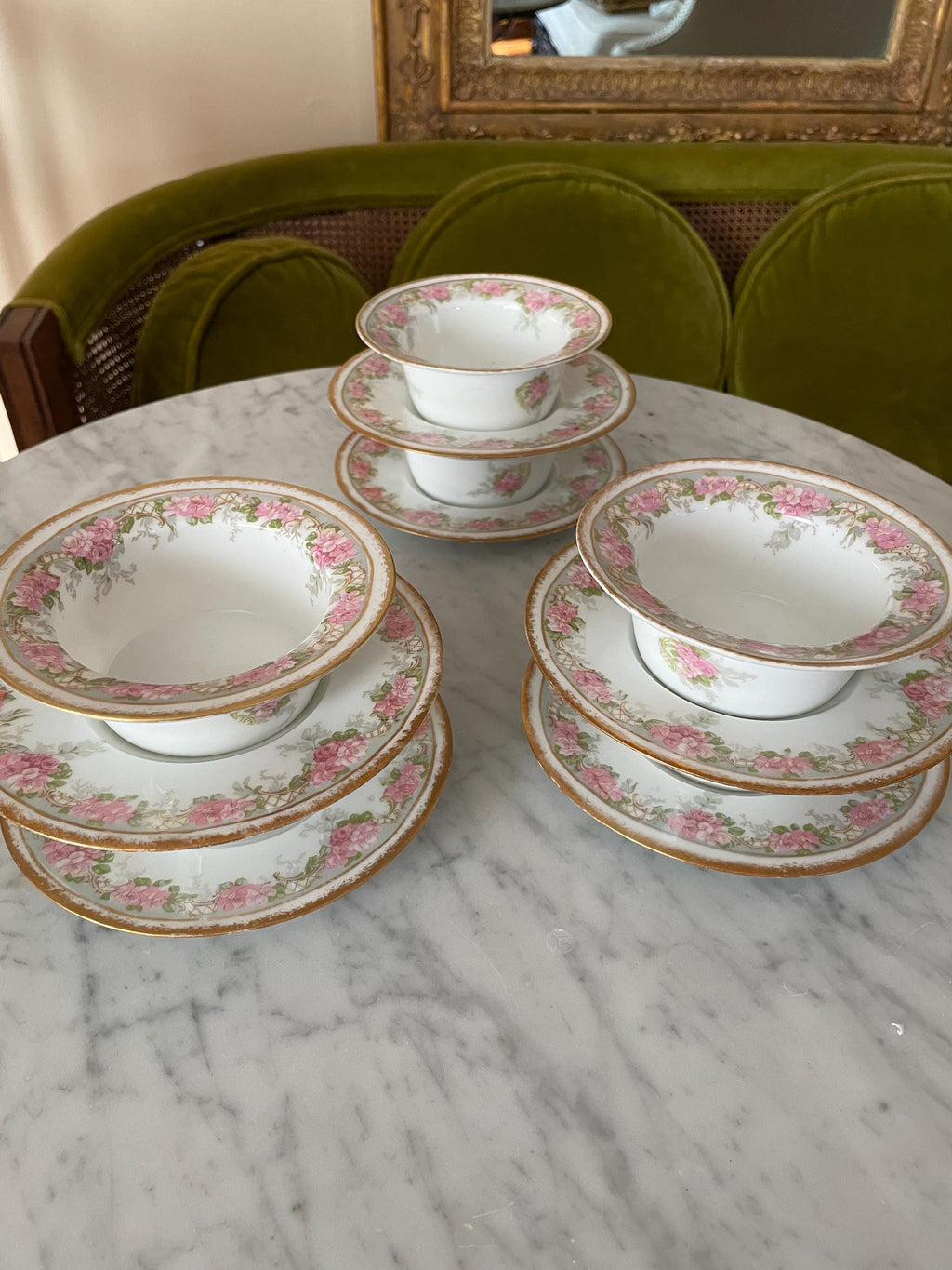 Jean Pouyat Limoges Pink Roses Gold Ramekin & Saucers Set of 6 Vintage Floral Porcelain Soup Bowls Set Gold Rimmed Elegant Dishware