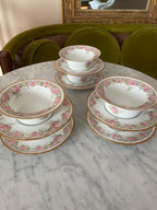 Jean Pouyat Limoges Pink Roses Gold Ramekin & Saucers Set of 6 Vintage Floral Porcelain Soup Bowls Set Gold Rimmed Elegant Dishware