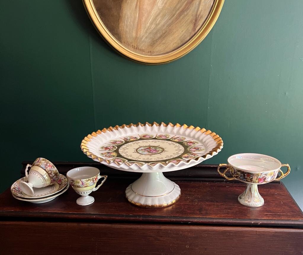 Vintage Set of 4 Fragonard Design Gold Gilded Porcelain Cake Stand  Cups Saucers  & Candy Dish