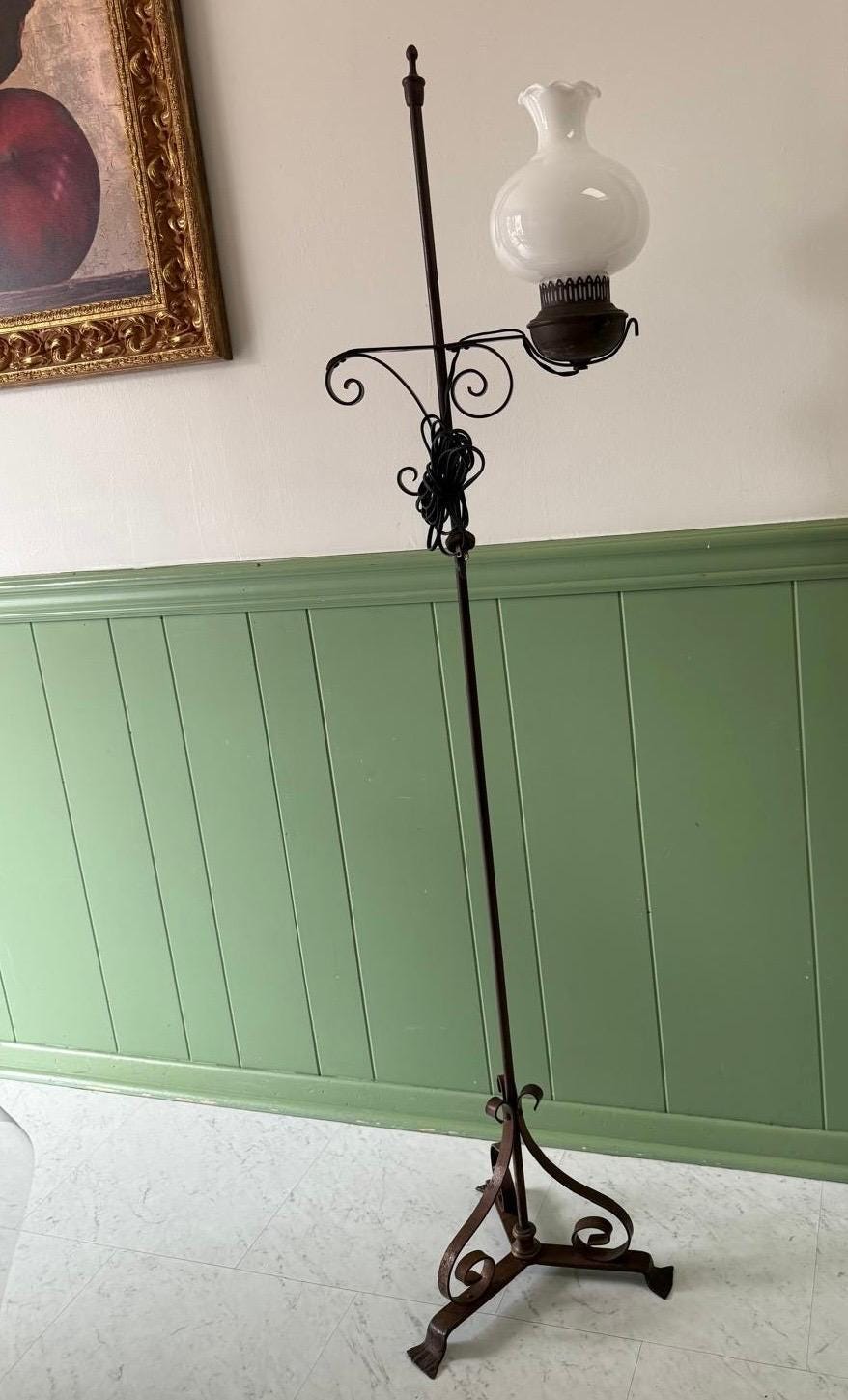 Antique Wrought Iron Floor Lamp White Milk Glass Shade Ornate Scroll Base Vintage Lighting Collectible Adjustable Lamp Victorian Style
