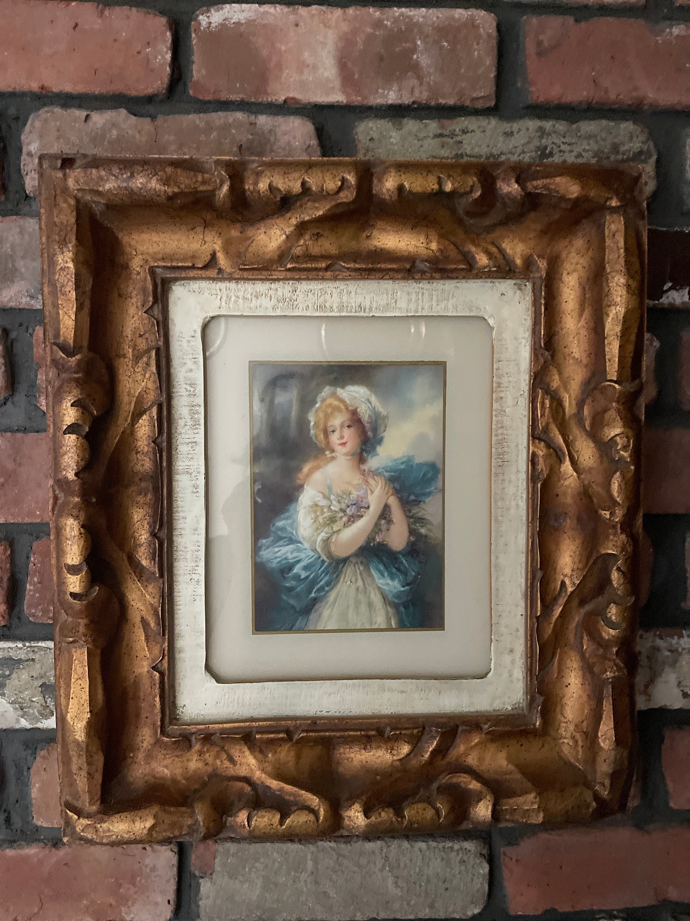Vintage Portrait Miniature Rococo Frame Lady in Blue Dress Holding Flowers Gilt Wood Wall Art Romantic Baroque Style Elegant Décoration