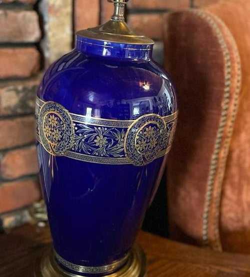 Antique Cobalt Blue Glass Table Lamp Gilt Floral Design Brass Base Elegant Lighting French Style Accent Vintage Home Decoration Unique Piece