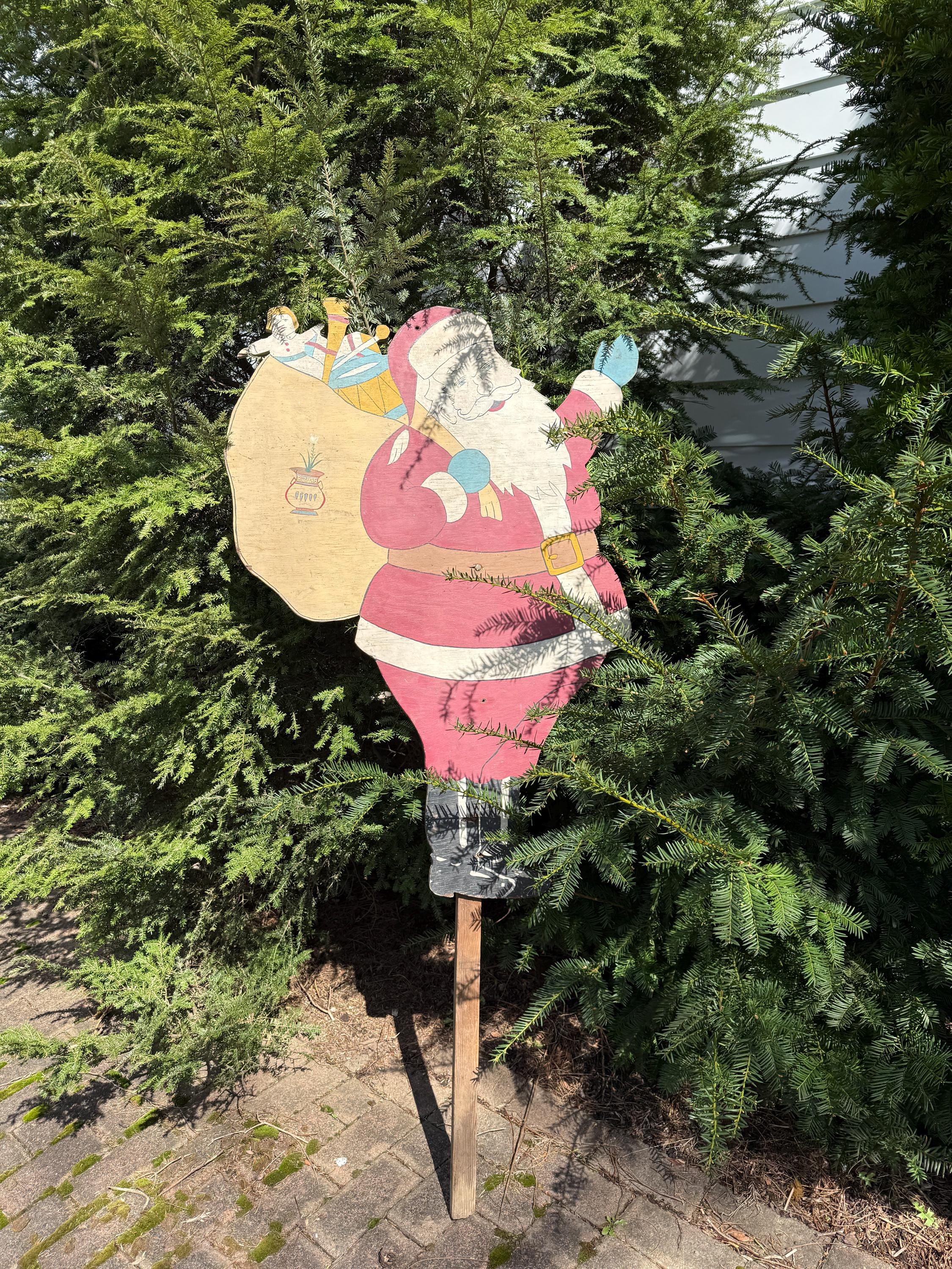 Vintage Mid-Century Hand Painted Wood Santa Claus Yard Decoration Folk Art Christmas Garden Stake Garden Decorations Santa Outdoor Display