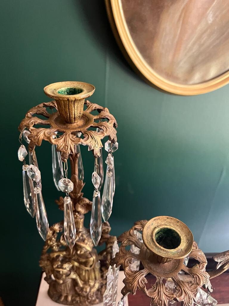 Antique Set of 3 Victorian Bronze Candlestick Girandole  Figural Ornate Crystal Prism  Marble Base Candleholder Mid 1800s