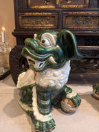 Vintage Green Glazed Foo Dog Pair, 16" Chinese Guardian Lions, Hollywood Regency Chinoiserie Statues