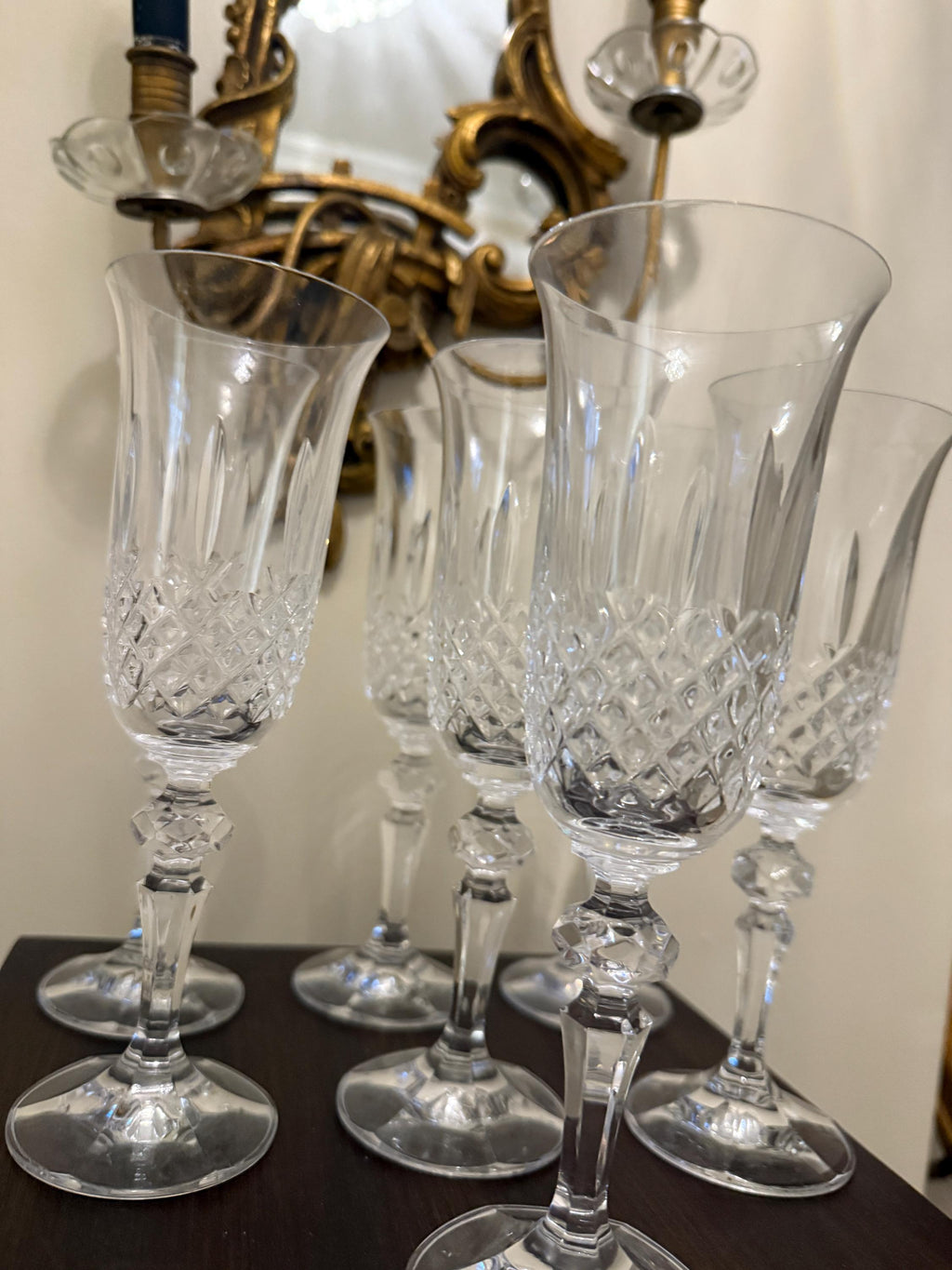 Vintage Cut Crystal Wine Glasses Set of 7 Faceted Stemware with Flared Rims  Elegant European Style Clear Glass Goblets Glassware Set