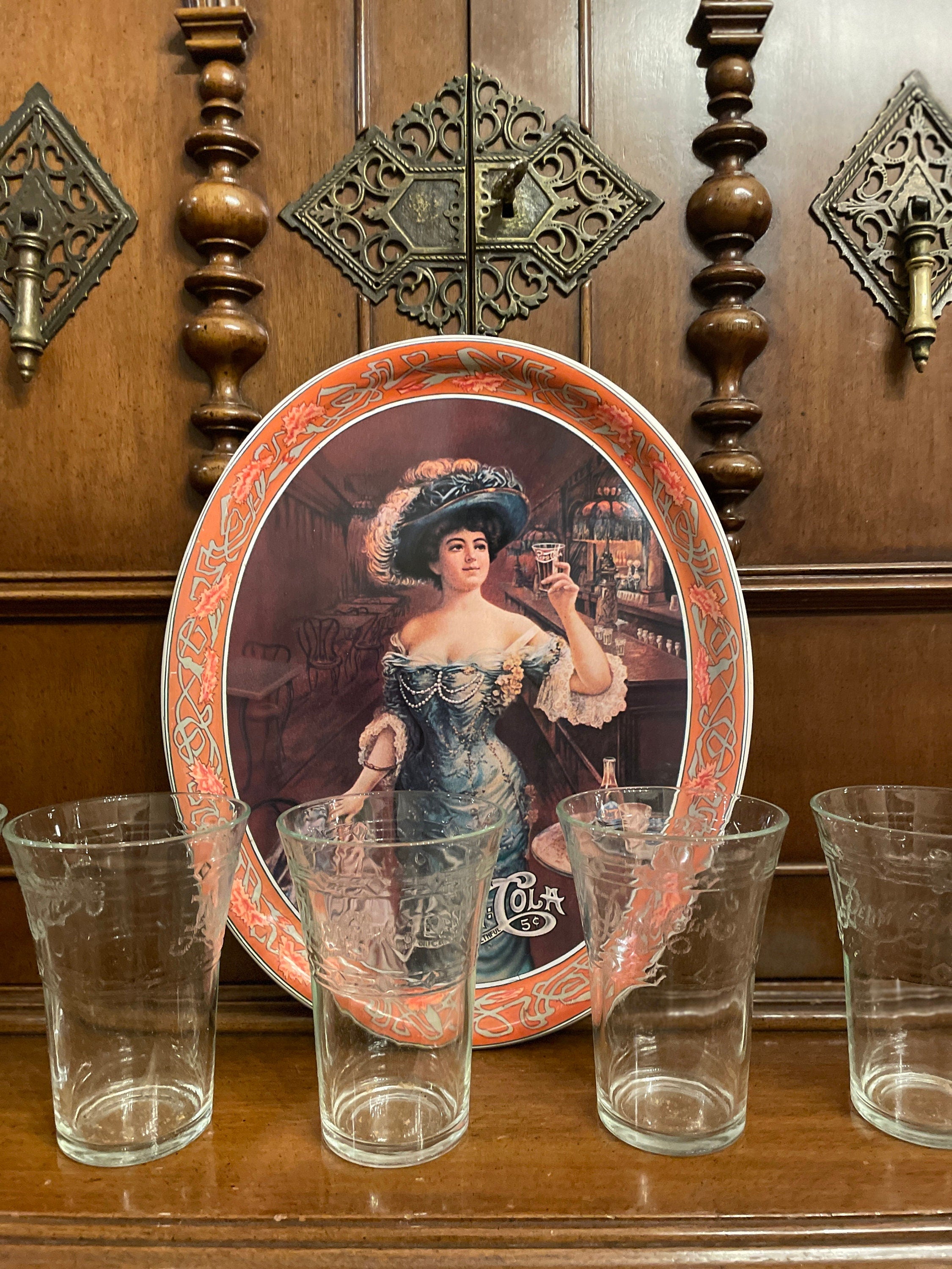 The Real Original Vintage Coco Cola Tray & Set of 6 Etched Glasses 1970s.Made in Usa