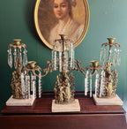 Antique Set of 3 Victorian Bronze Candlestick Girandole  Figural Ornate Crystal Prism  Marble Base Candleholder Mid 1800s
