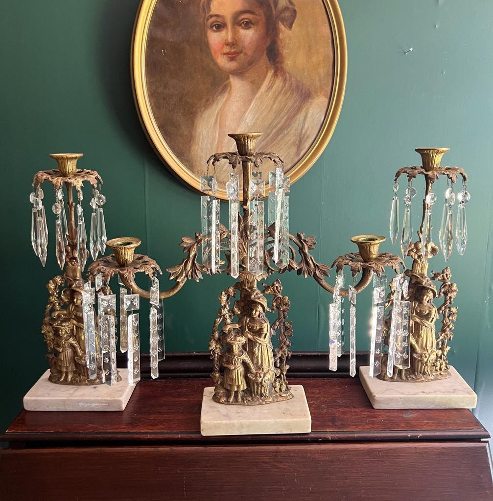 Antique Set of 3 Victorian Bronze Candlestick Girandole  Figural Ornate Crystal Prism  Marble Base Candleholder Mid 1800s