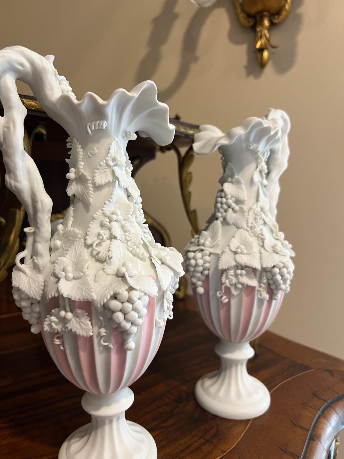 Vintage Porcelain Grape Motif Pink White Mantel Vases Pair Rococo Style Ornate Pedestal Urns Shabby French Country Cottage Chic Decorative