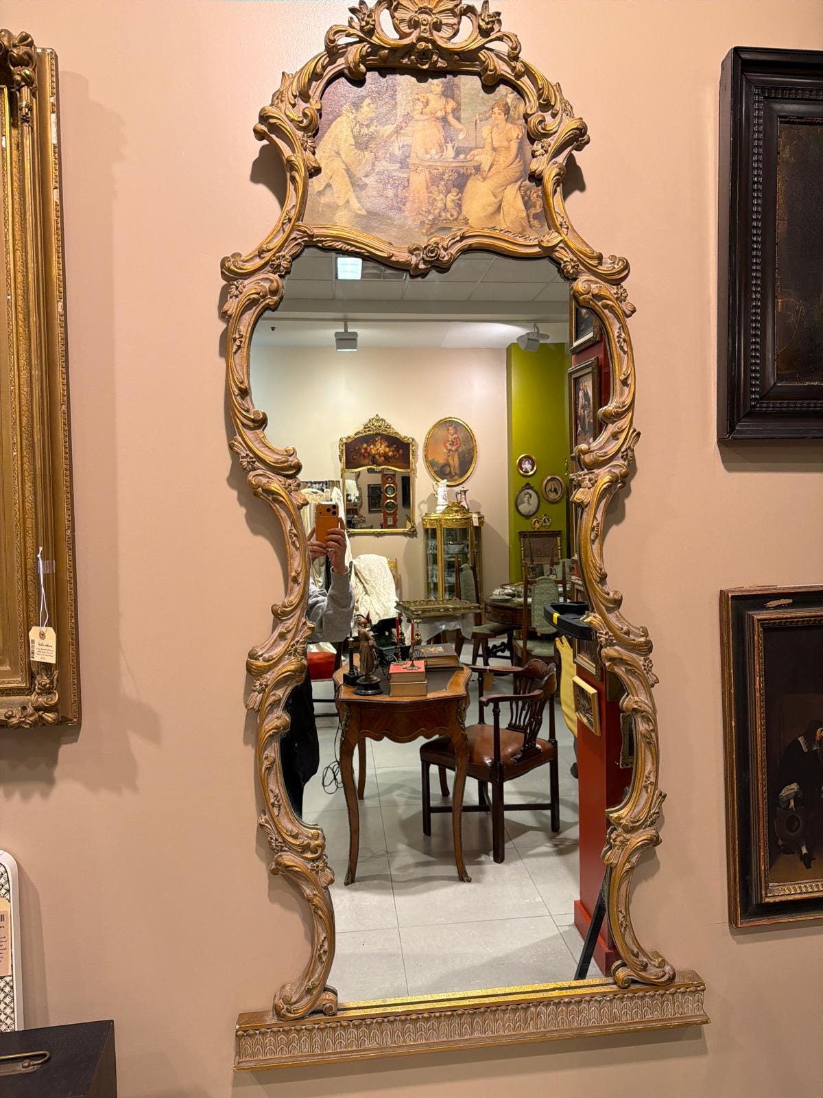 Large French Rococo Gilt Wall Mirror, Figural Print, Baroque Revival Style with Marble Stand
