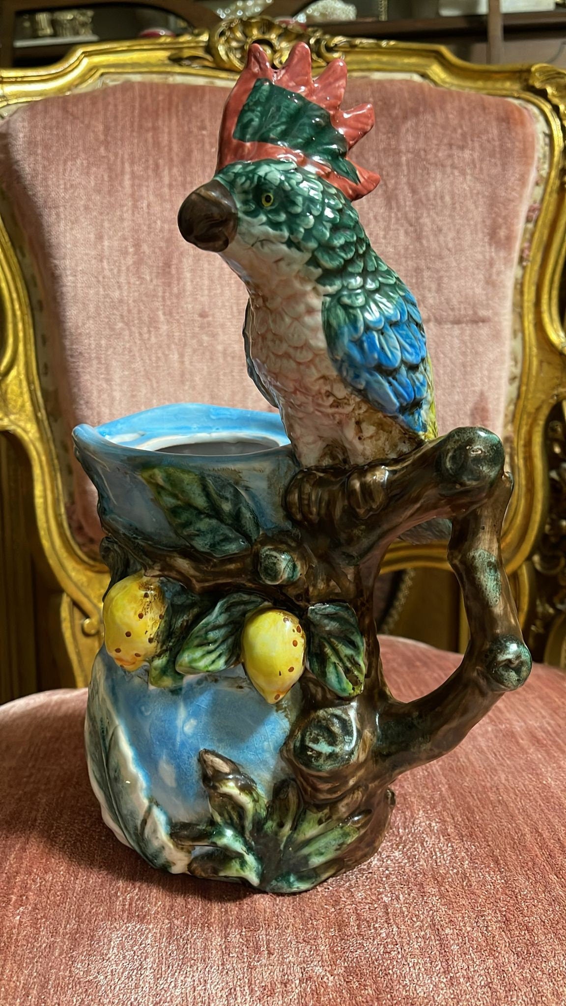 Hand Painted Parrot Pitcher Colorful Ceramic Jug Decorative Lemon Design Tropical Bird Shape Blue Green Yellow Red Unique Vintage Home