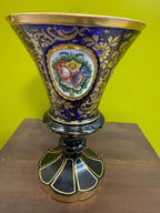 Antique Bohemian Enamel Gilded Art Glass Cobalt Blue Hand Painted Vase Goblet  Floral Medallions Moser Style Decorative