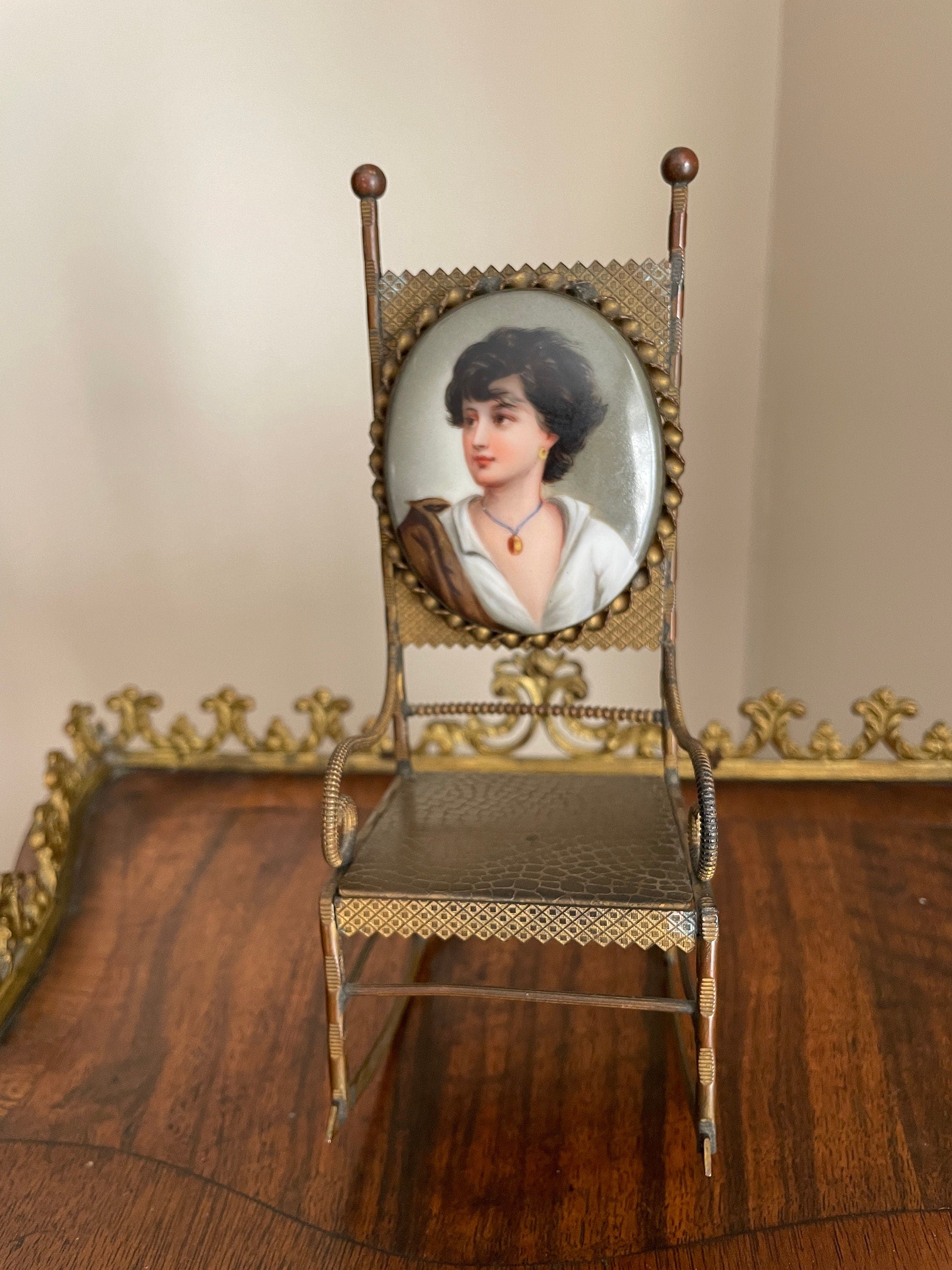 Antique Miniature Bronze Rocking Chair Portrait Enamel Backrest Ornate Victorian Display Chair Rare Collectible Home Decoration Piece