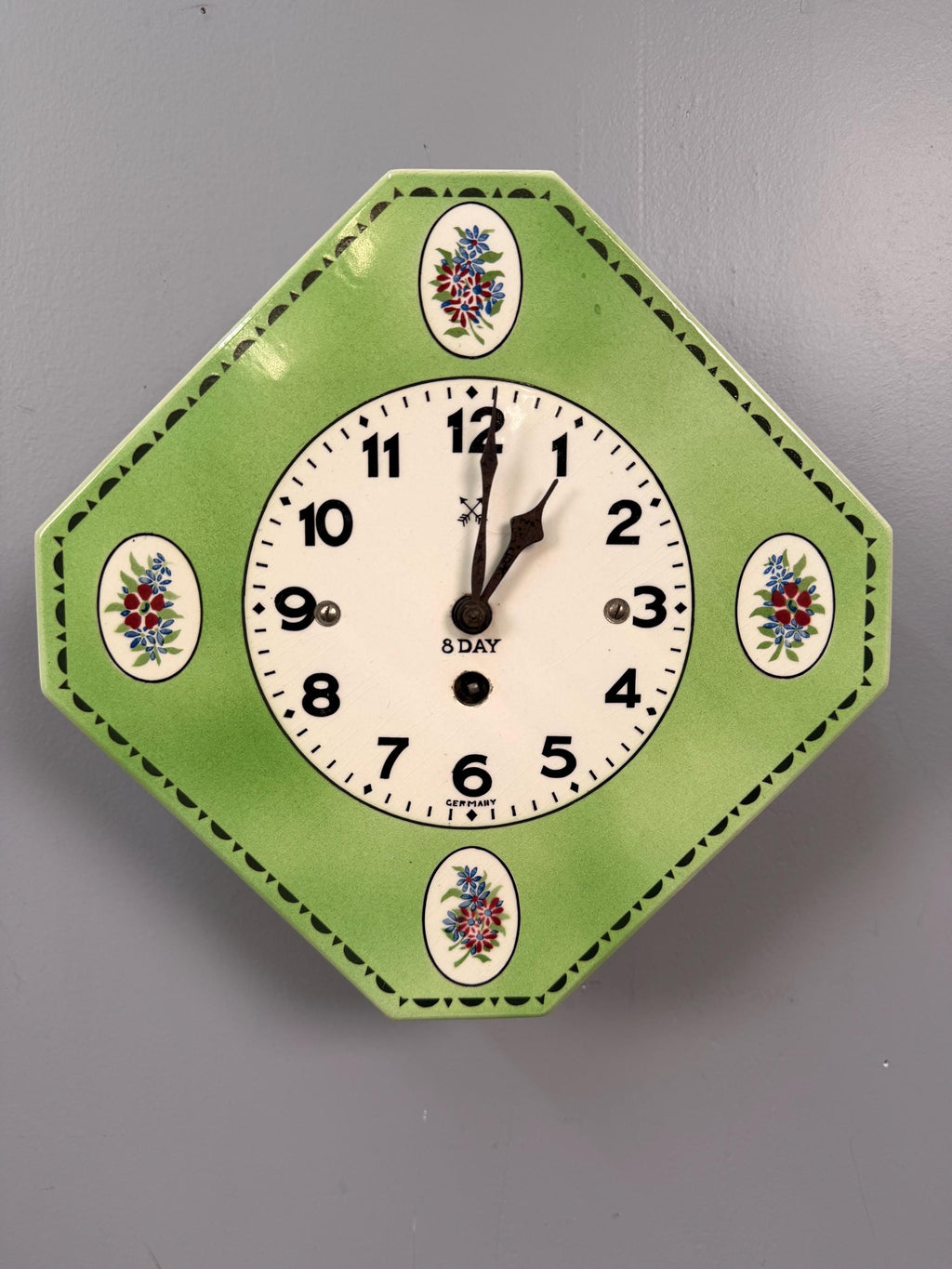 Antique German 8-Day Mechanical  Wall Clock with Floral Green Octagonal Porcelain Face, c. 1930s–1950s