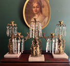 Antique Set of 3 Victorian Bronze Candlestick Girandole  Figural Ornate Crystal Prism  Marble Base Candleholder Mid 1800s
