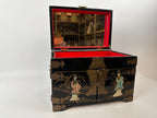 Antique Chinese Black Lacquer Jewelry Chest, Hand-Painted Figures, Engraved Brass Hardware, c.1900