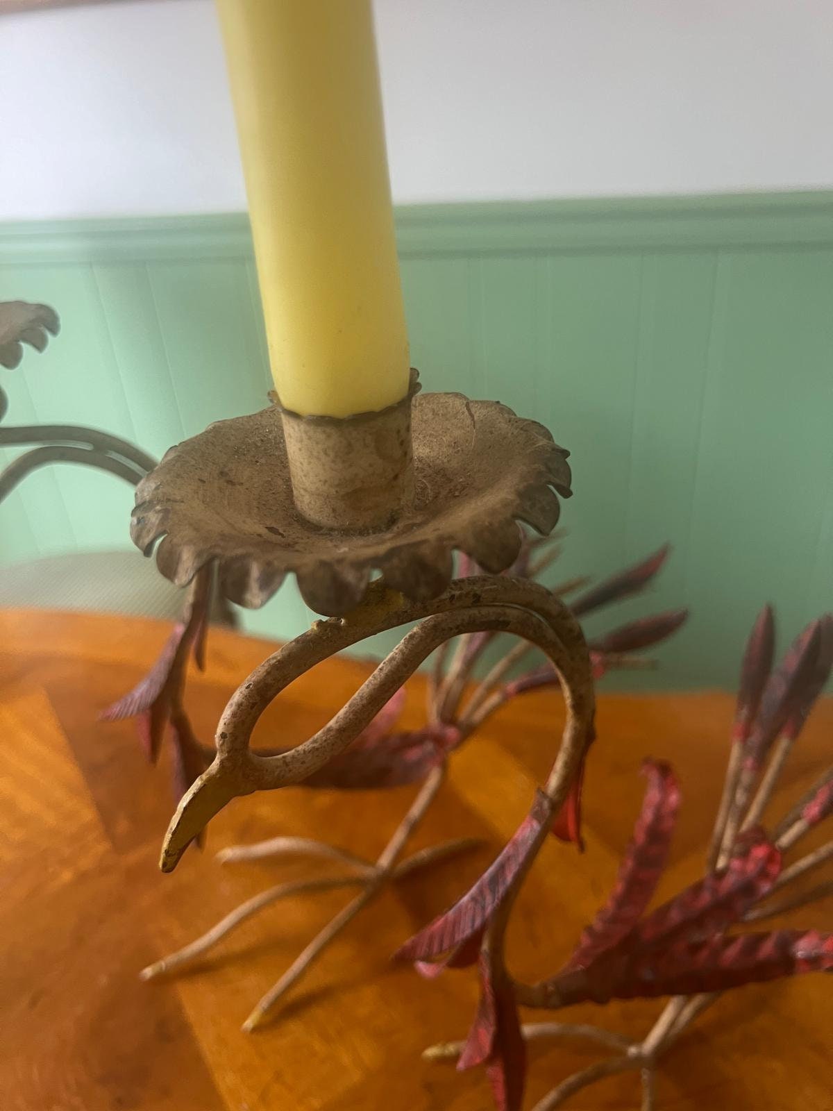 Vintage Handcrafted Rooster Candelabra Pair Sculptural Mid Century Folk Art Metal Candle Holders Statement Table Decoration Unique Iron Art
