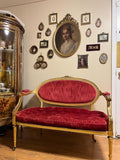 Antique French Louis XVI style Wooden Red Velvet Settee Sofa Antique French Gilded Hand-Carved Wood  Gold Gilt Elegant Furniture Loveseat