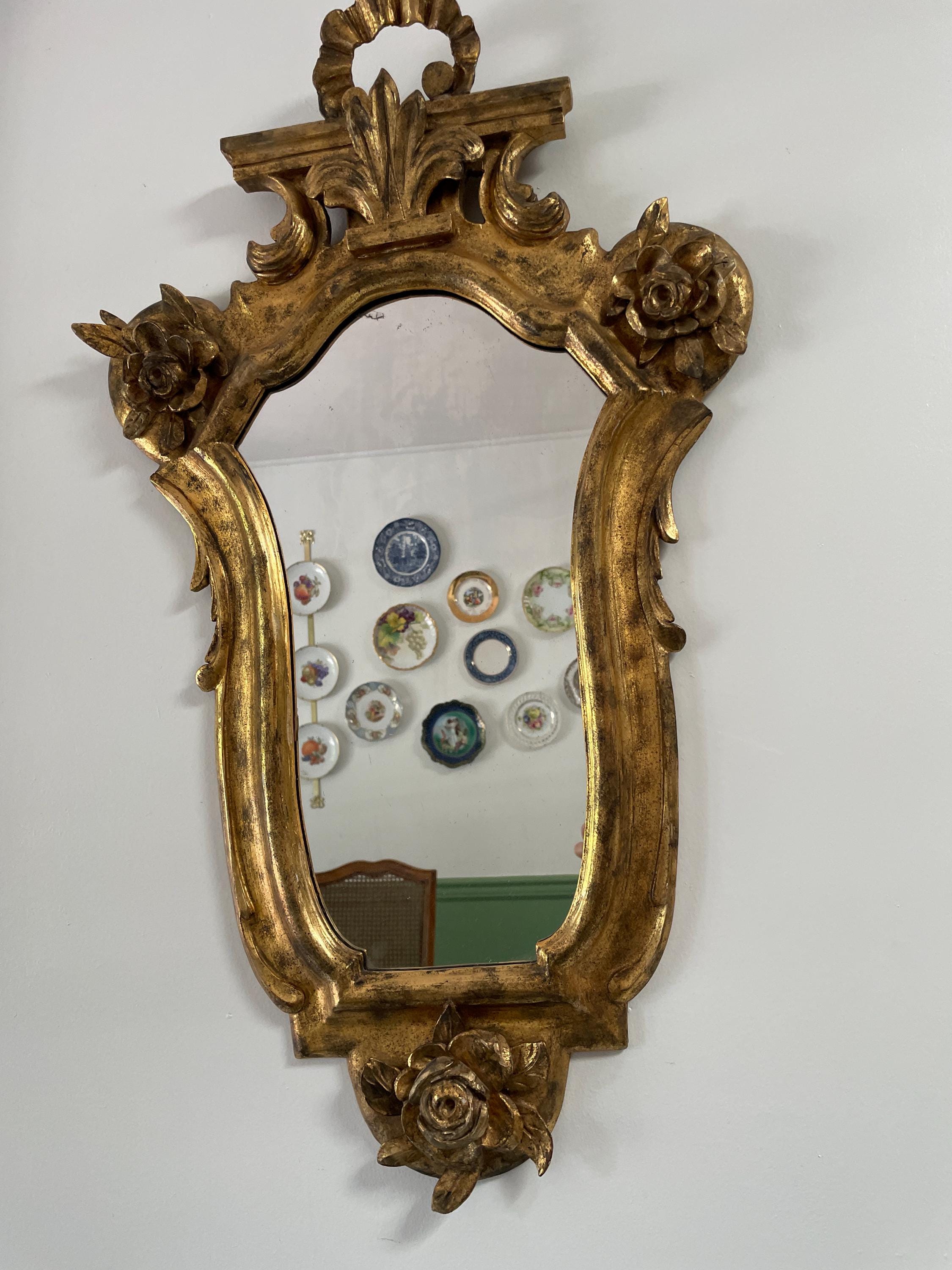 Antique Italian Giltwood Wall Mirror Floral Carved Ribbon Crest Oval Mirror Rococo Style Elegant Accent Vintage Gold Leaf Hanging Mirror
