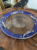 Vintage Sterling Blue Glass Plate Peacock Design Intricate Etching Detailed Glasswork Beautiful Antique Collector's Item Display Home Design