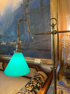 Antique Brass Floor Lamp, Emerald Green Glass Shade, Art Nouveau Library Lamp