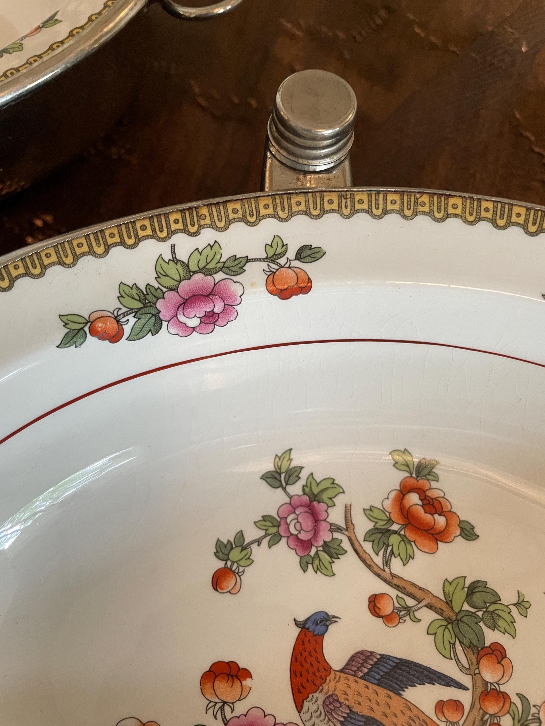 Antique Floral Porcelain Bowl Pair Peacock Motif Hot Serving Dishes Asian Style Insulated Metal Base Colorful Detailed Vintage Kitchen Decor