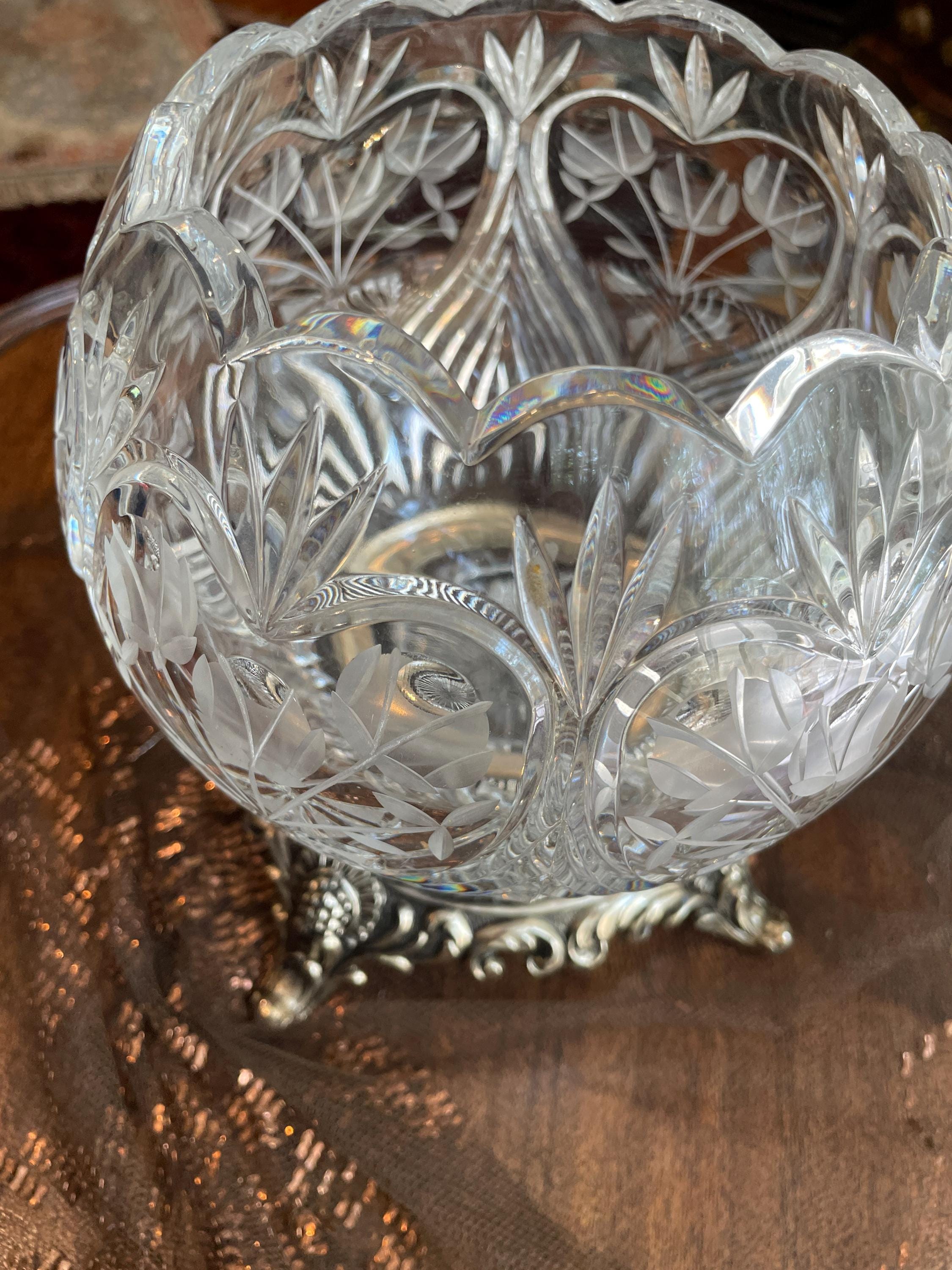 Cut Crystal Bowl Ornate Footed Metal Base Vintage Decorative Centerpiece Elegant Clear Glass Display Collectible Home Decor Statement Piece
