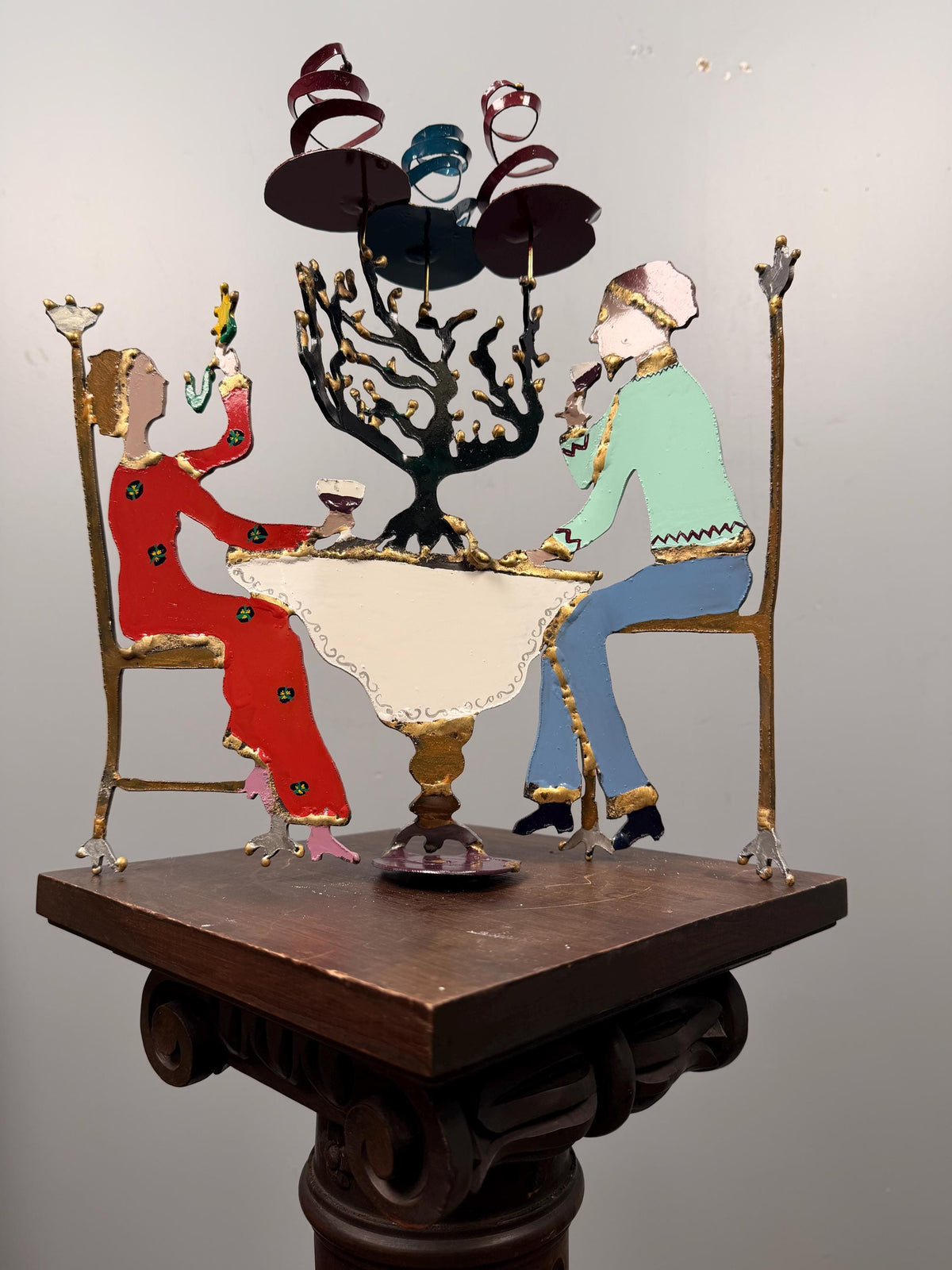 Vintage Hand-Painted Metal Judaica Folk Art Sculpture – Menorah Celebration Couple Table Scene