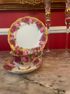 Vintage Set of 4 Royal Albert Gold Pink Floral Design Cups Saucers Dessert Plates.Made in England