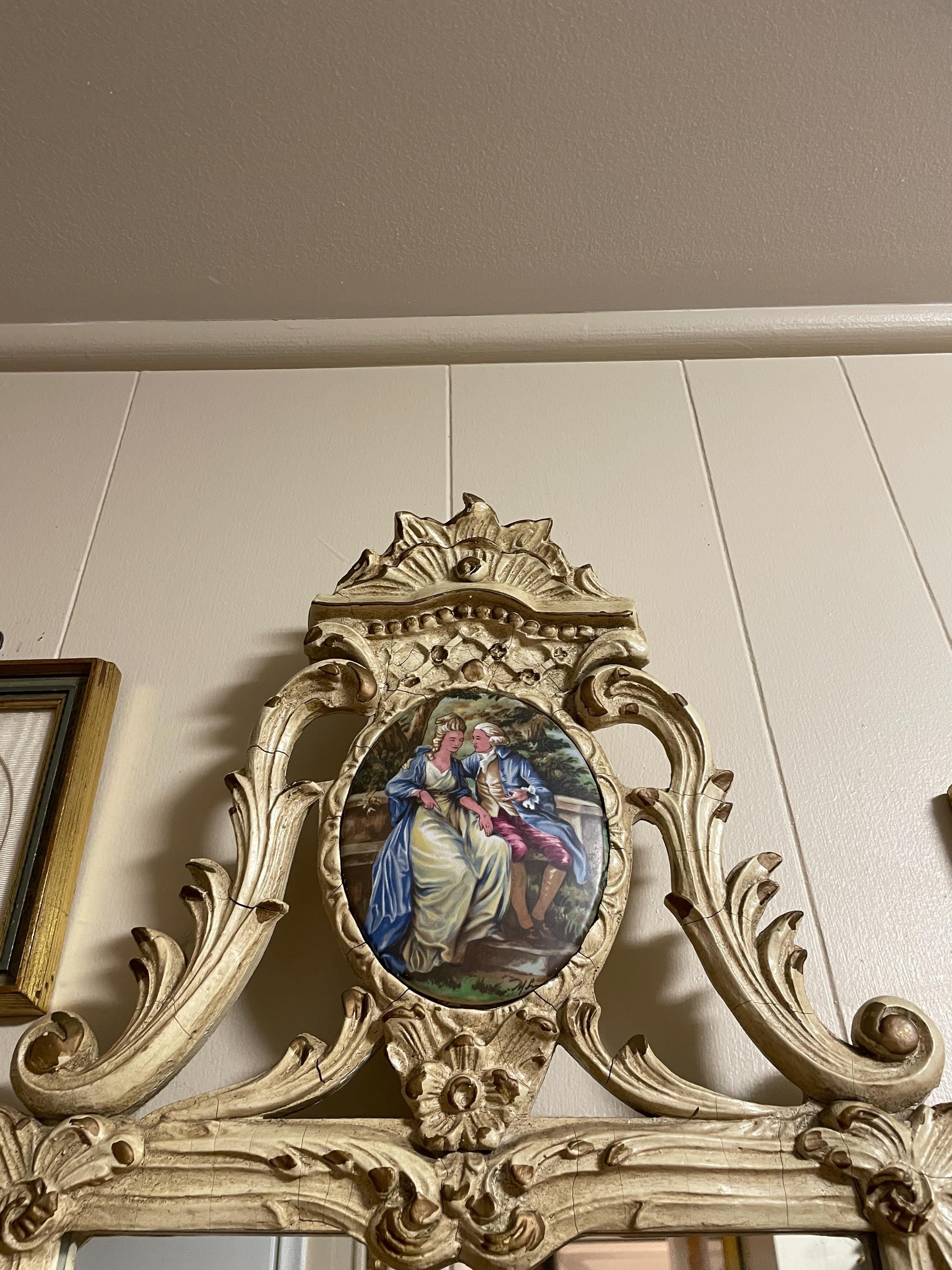 Antique French Rococo Mirror Large Hand Painted Porcelain Plaque Gilt Carved Wood Frame Ornate Wall Mirror Vintage French Home Decor