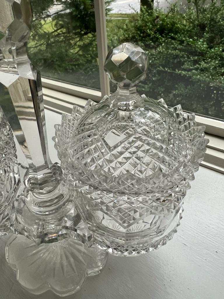 Vintage Crystal Condiment Server Cut Glass Dish Set Pedestal Footed Jam Jar Elegant Tableware Mid Century Kitchen Decor Entertaining Piece